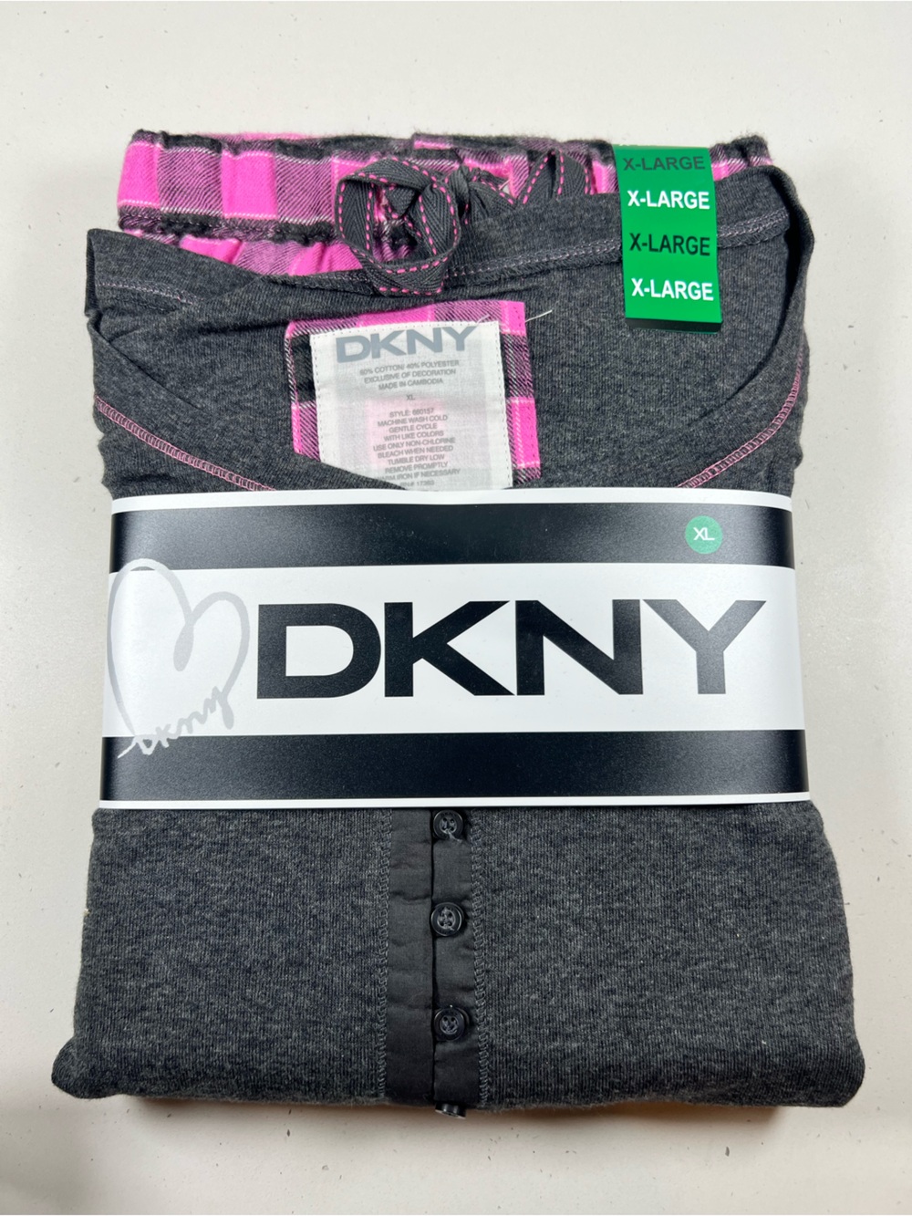 DKNY Women’s XL Pajama Set Gray Pink Plaid Long Sleeve Henley Flannel NWT